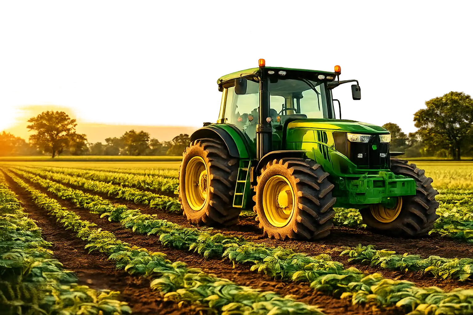 Tractor working in green farm rows